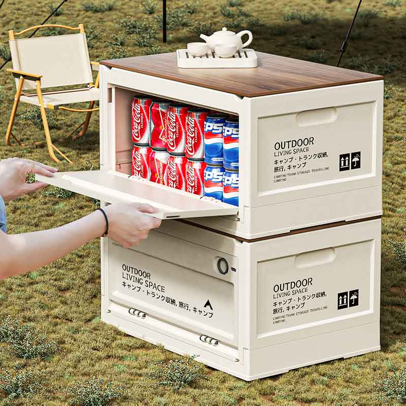 Foldable Camping Storage Box with Wooden Lid & Side Access